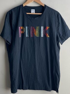 PINK Victoria's Secret Black Tee with Rainbow Pride Crystal Stud Logo